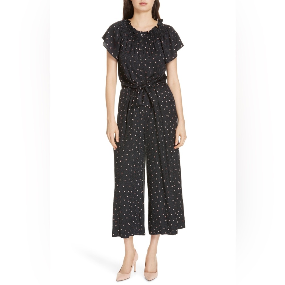 Rebecca Taylor Women's Short Sleeves Paint Dot Jumpsuit Black Cropped Size 4